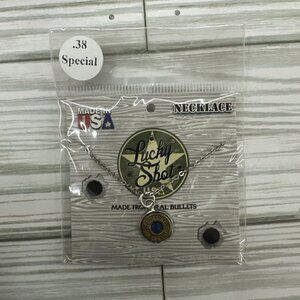 Lucky Shot USA made .38 special bullet necklace blue gem hand made